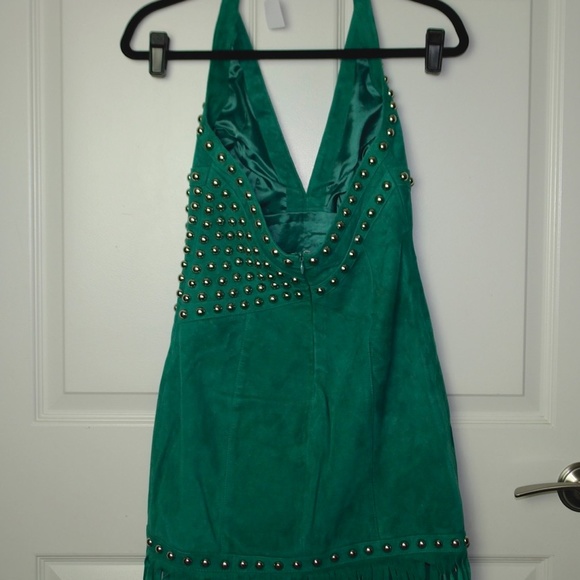 NWT X by NBD Nomi Green Suede Studded Halter Mini Dress Open Back Fringe Size XS - Picture 6 of 12